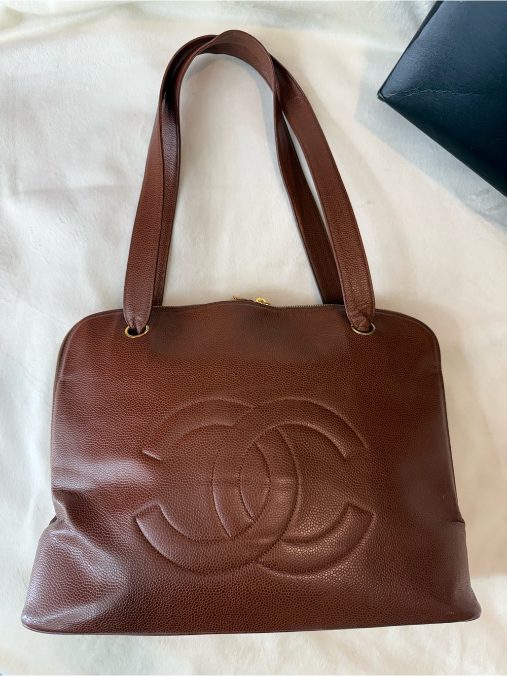 Chanel Caviar Stitched CC Double Zip Brown Caramel Timeless Tote dome